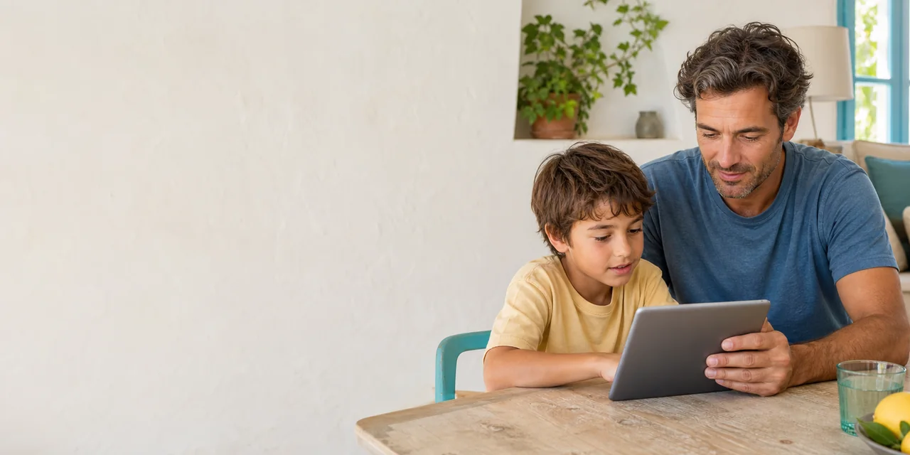 Pare i infant fent una activitat educativa amb una tauleta en un entorn familiar d'estiu.
